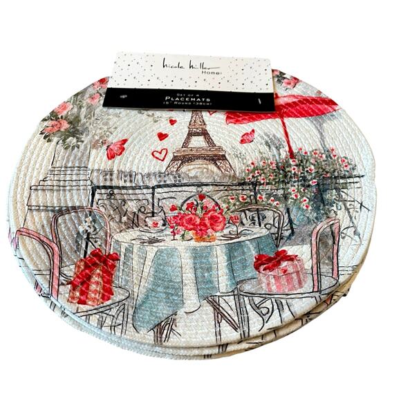 Nicole Miller Valentines Day Placemats 15" Round Paris Eiffel Tower Set of 4 New - Picture 2 of 12